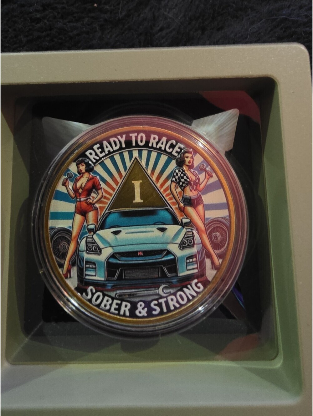 Ready To Race 1 Year Alcoholics Anonymous Medallion AA Coin Capsule Gift